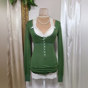 ♡ Y2K ♡ Hollister Green Empire Waist Button Down Babydoll Henley Long Sleeve